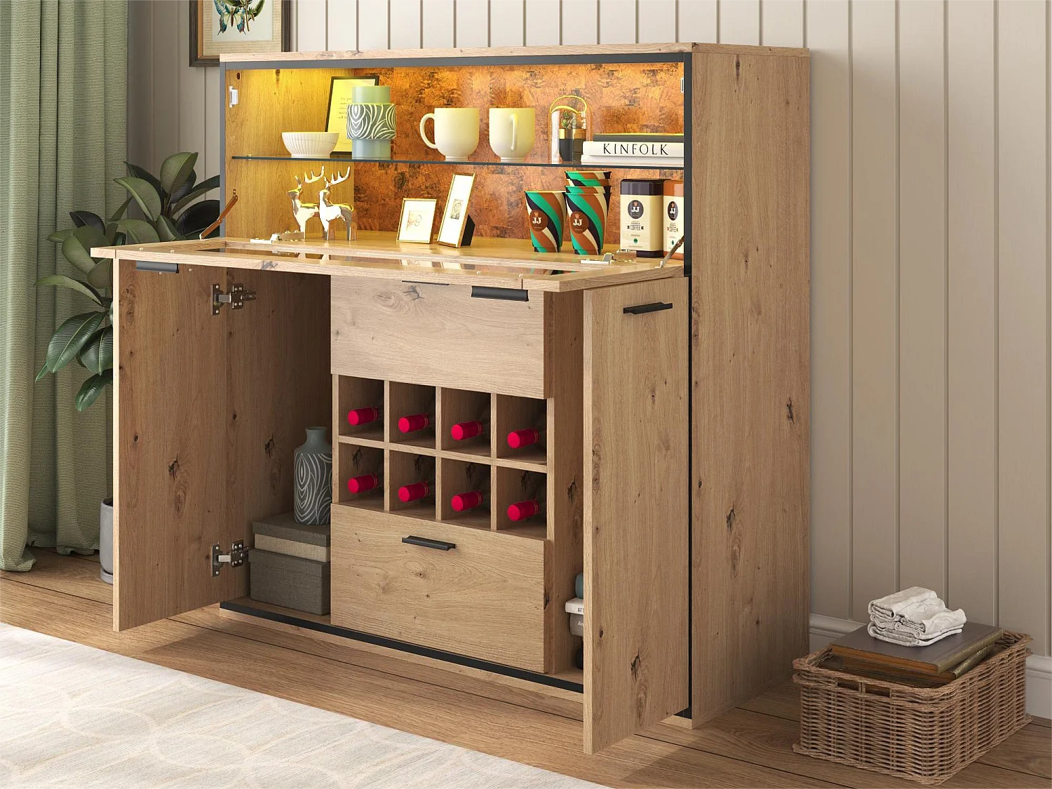 Dressoir met 3 deuren 2 lades & flessenhouders - glazen planken - houteffect - kleuren: eiken en zwart