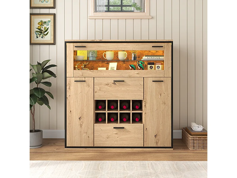 Buffet avec 3 portes 2 tiroirs & porte-bouteilles - étagères en verre - effet bois - coloris: chêne et noir