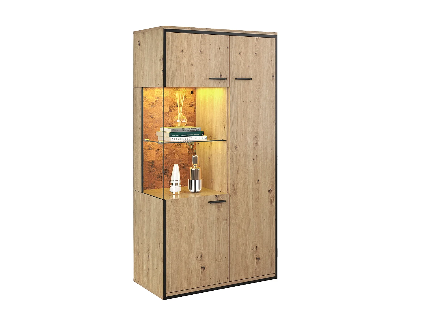 Vitrine avec 3 portes et 2 étagères - LEDs - panneaux de particules et verre - hauteur 150cm - coloris chêne