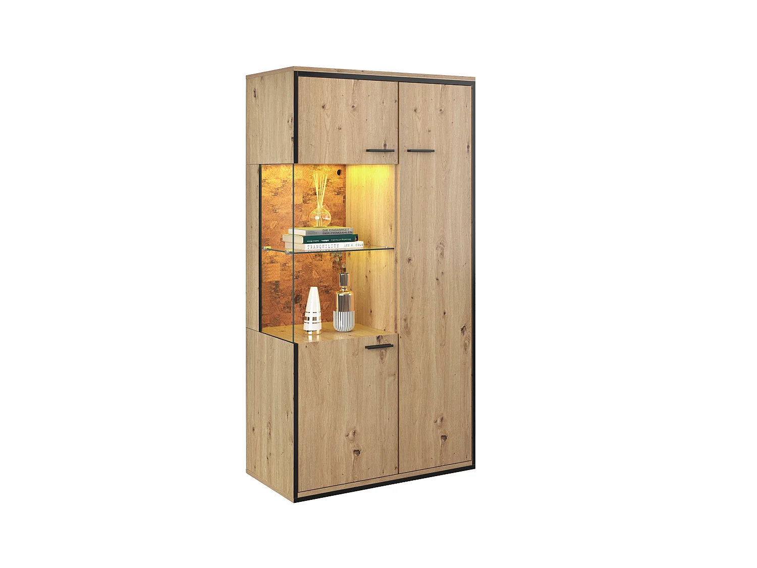 Vetrina con 3 ante e 2 ripiani - LED - truciolare e vetro - altezza 150 cm - colore rovere