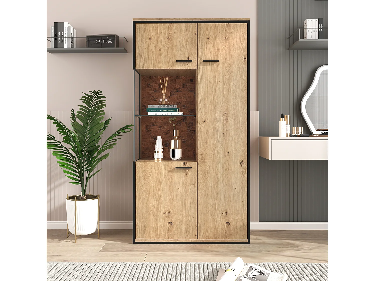 Vitrine avec 3 portes et 2 étagères - LEDs - panneaux de particules et verre - hauteur 150cm - coloris chêne