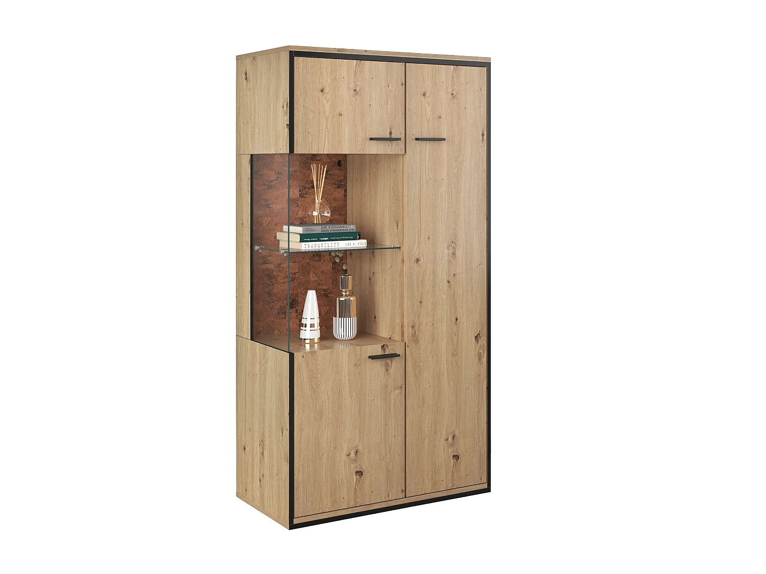 Vitrine avec 3 portes et 2 étagères - LEDs - panneaux de particules et verre - hauteur 150cm - coloris chêne