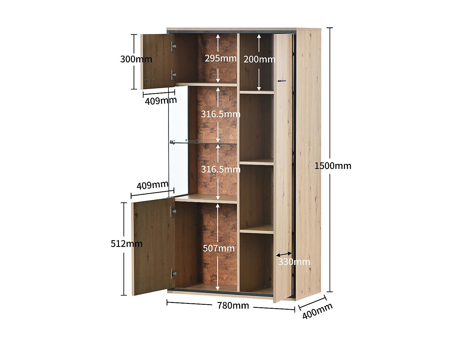 Vitrine avec 3 portes et 2 étagères - LEDs - panneaux de particules et verre - hauteur 150cm - coloris chêne