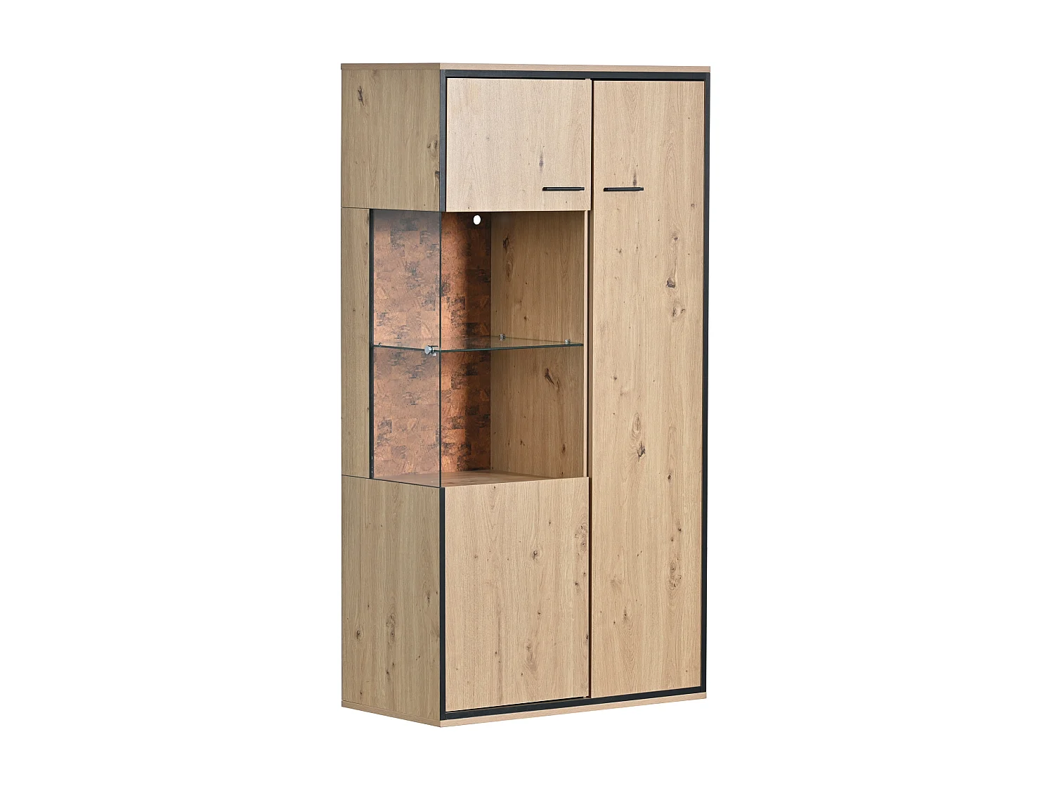 Vitrine avec 3 portes et 2 étagères - LEDs - panneaux de particules et verre - hauteur 150cm - coloris chêne