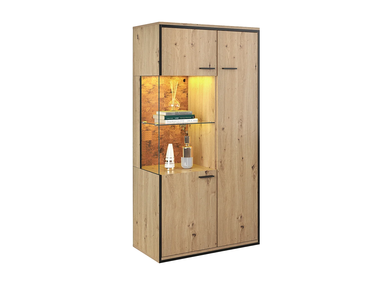 Vetrina con 3 ante e 2 ripiani - LED - truciolare e vetro - altezza 150 cm - colore rovere