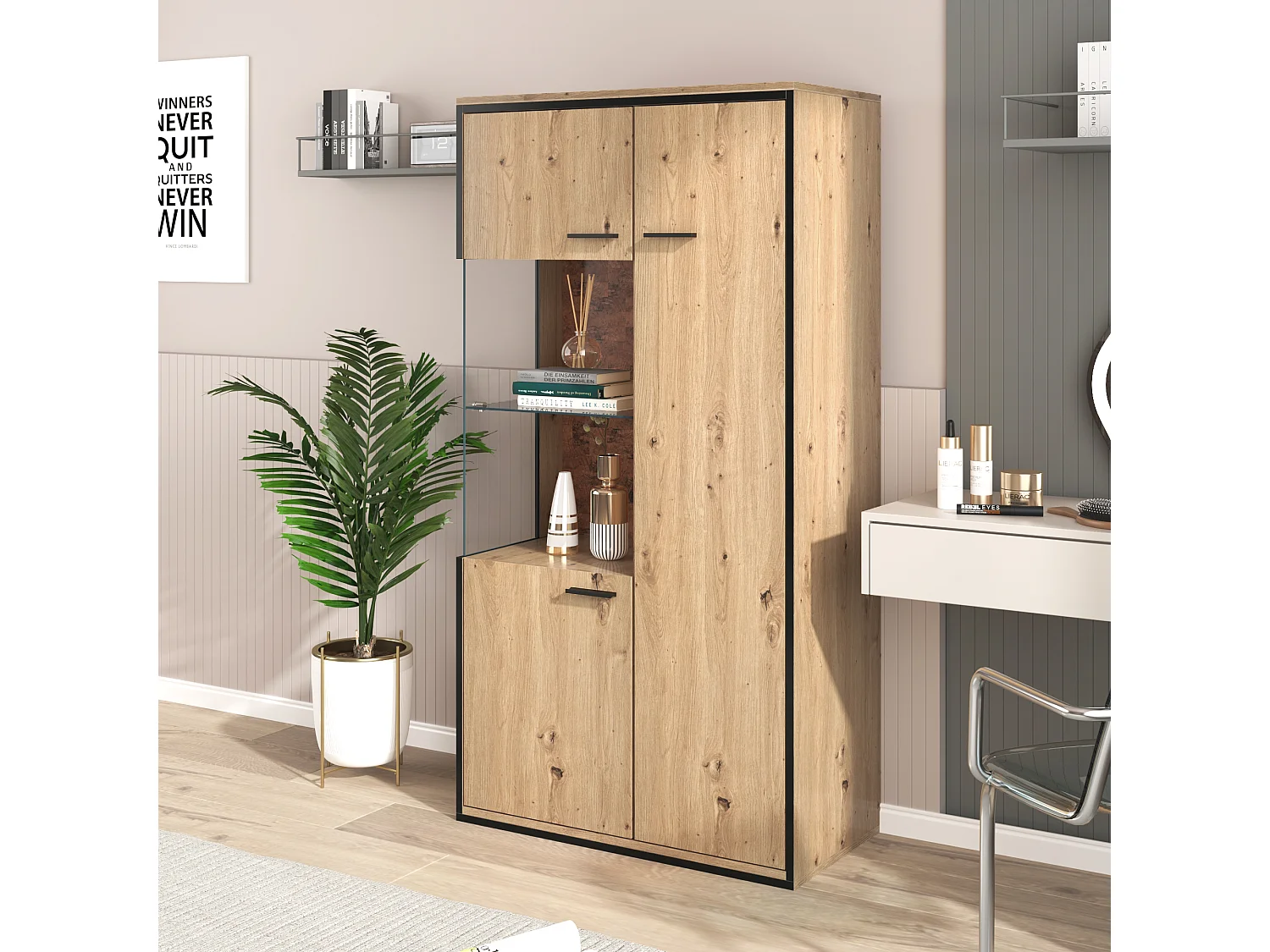 Vetrina con 3 ante e 2 ripiani - LED - truciolare e vetro - altezza 150 cm - colore rovere