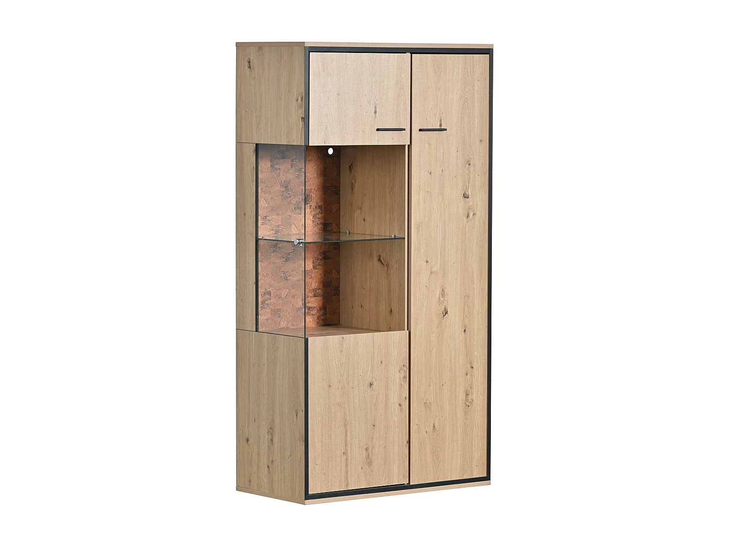 Vetrina con 3 ante e 2 ripiani - LED - truciolare e vetro - altezza 150 cm - colore rovere