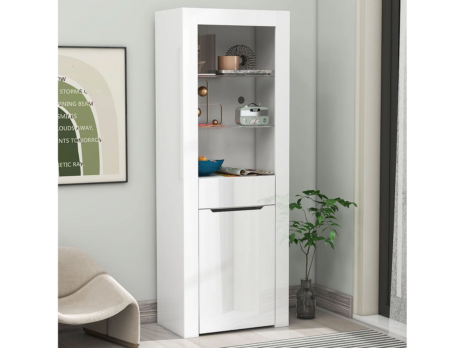 Moderne vitrinekast met 1 deur en 1 lade - LED's - 3 legplanken - hoogte 165 cm - glanzend wit