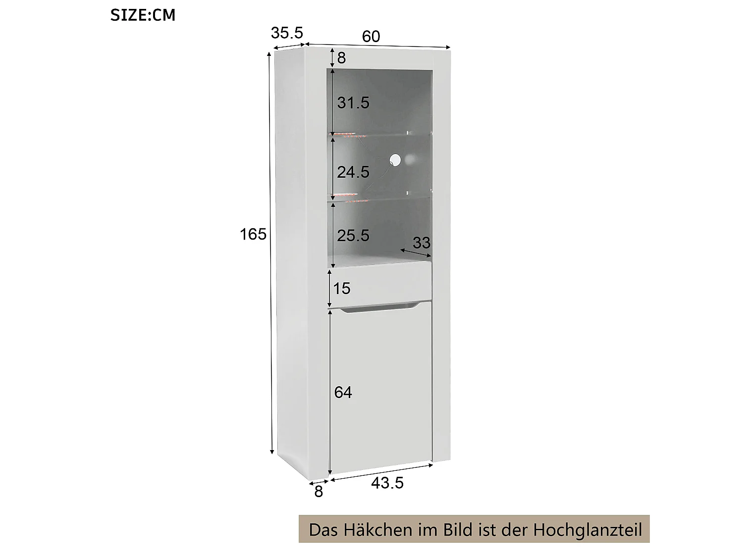 Moderne vitrinekast met 1 deur en 1 lade - LED's - 3 legplanken - hoogte 165 cm - glanzend wit