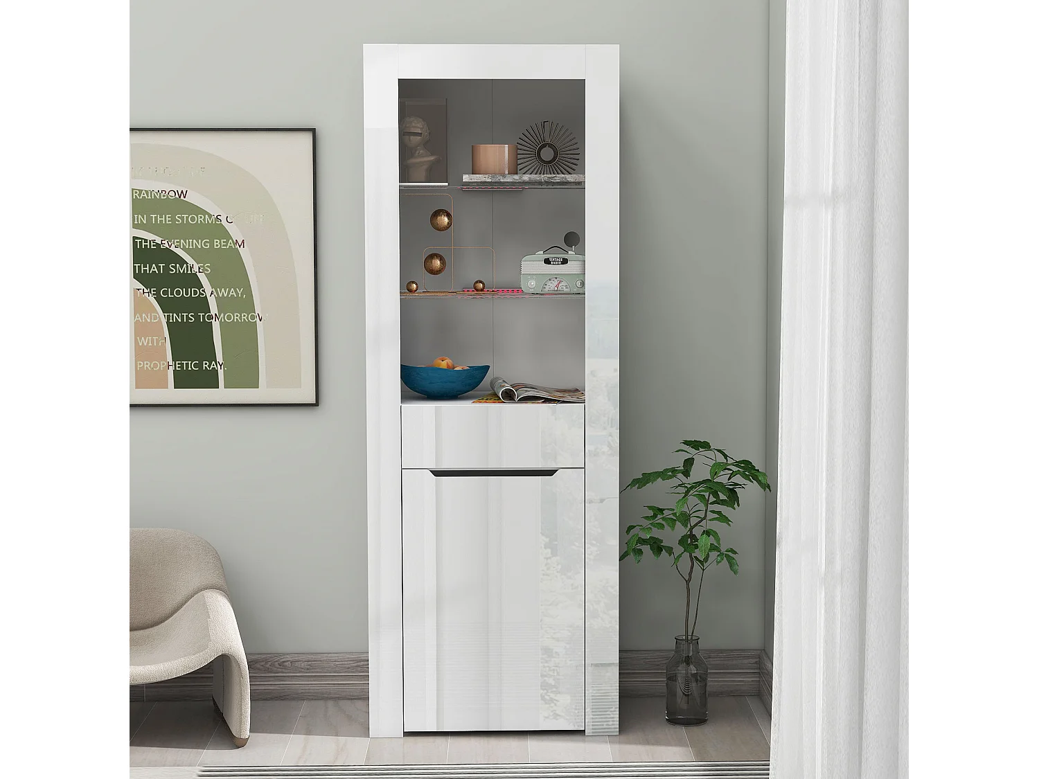 Moderne vitrinekast met 1 deur en 1 lade - LED's - 3 legplanken - hoogte 165 cm - glanzend wit