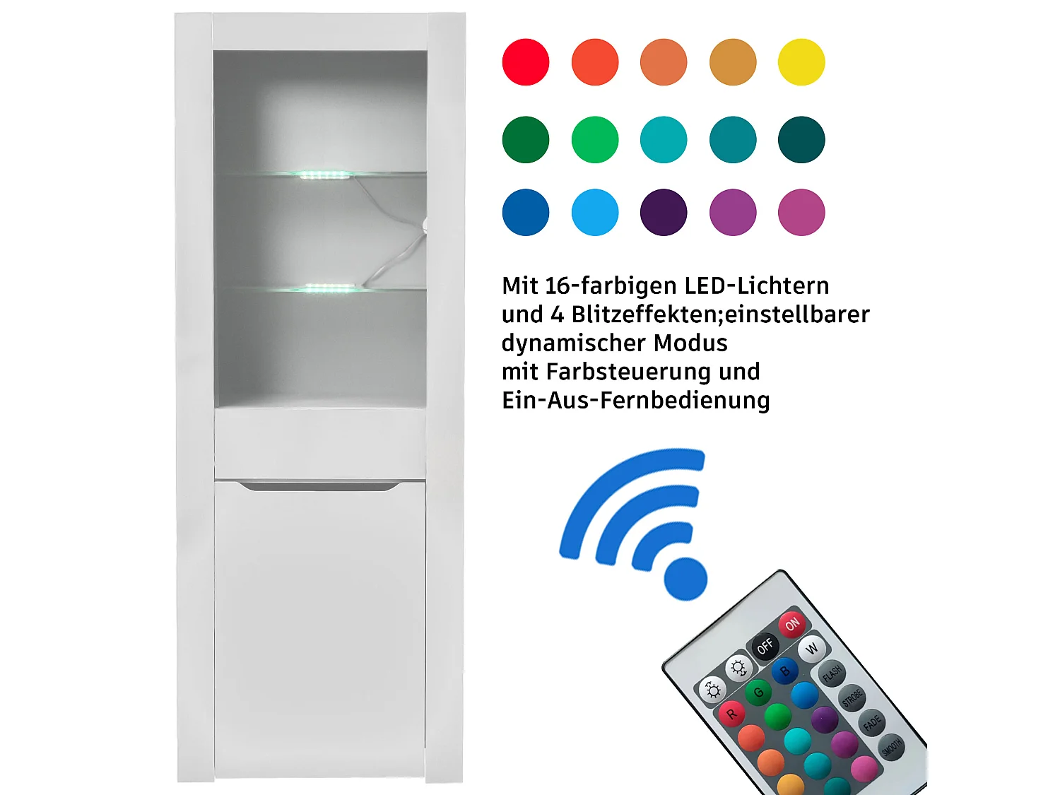 Moderne vitrinekast met 1 deur en 1 lade - LED's - 3 legplanken - hoogte 165 cm - glanzend wit