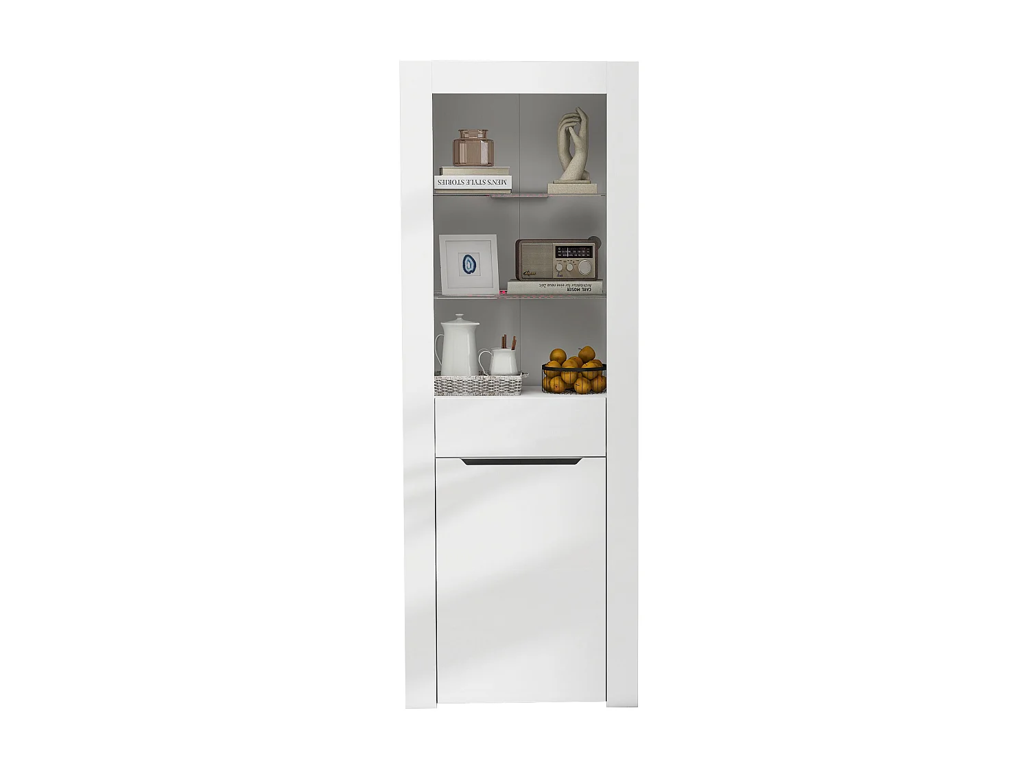 Moderne vitrinekast met 1 deur en 1 lade - LED's - 3 legplanken - hoogte 165 cm - glanzend wit