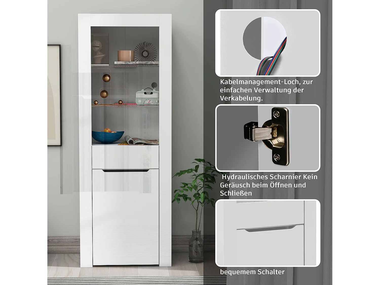 Vitrine moderne avec 1 porte et 1 tiroir - LEDs - 3 étagères - hauteur 165 cm -  blanc brillant