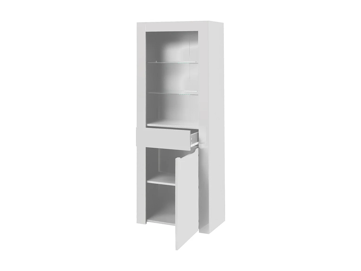 Vitrine moderne avec 1 porte et 1 tiroir - LEDs - 3 étagères - hauteur 165 cm -  blanc brillant