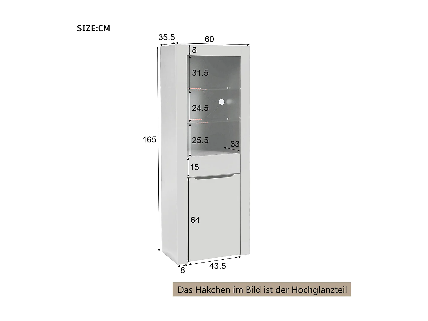 Vitrine moderne avec 1 porte et 1 tiroir - LEDs - 3 étagères - hauteur 165 cm -  blanc brillant