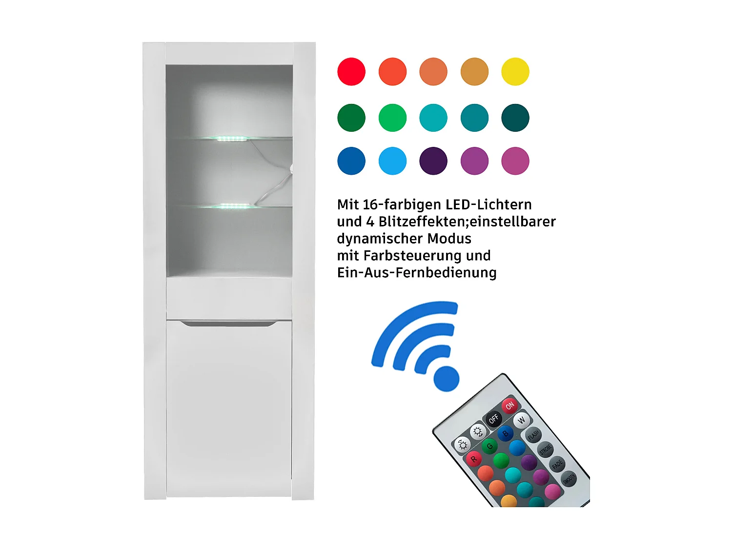Vitrine moderne avec 1 porte et 1 tiroir - LEDs - 3 étagères - hauteur 165 cm -  blanc brillant
