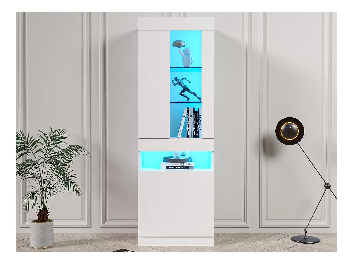 Vitrine moderne avec 2 portes et 1 compartiment - LEDs - hauteur 180 cm - panneaux de particules - blanc brillant