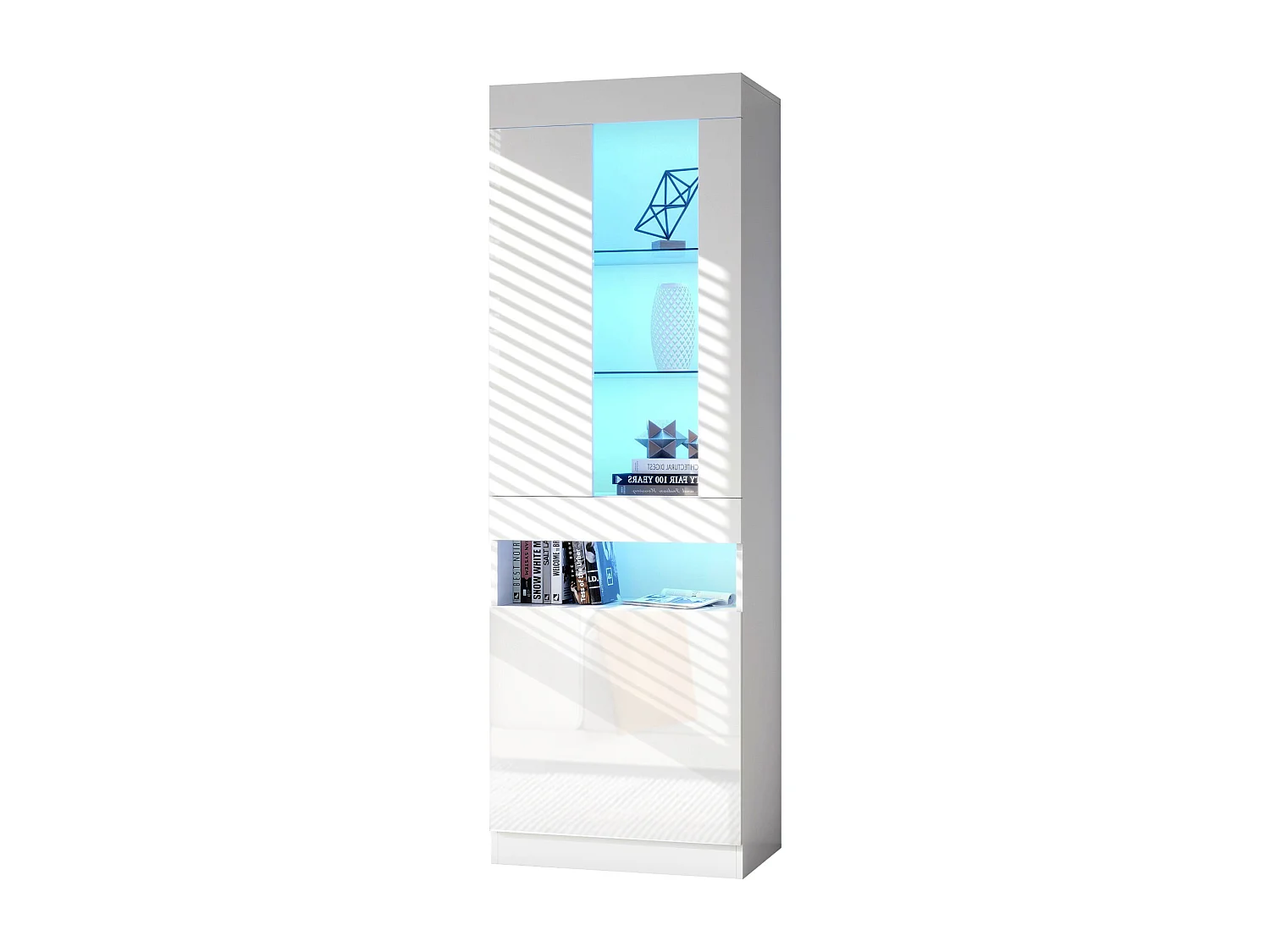 Vitrine moderne avec 2 portes et 1 compartiment - LEDs - hauteur 180 cm - panneaux de particules - blanc brillant