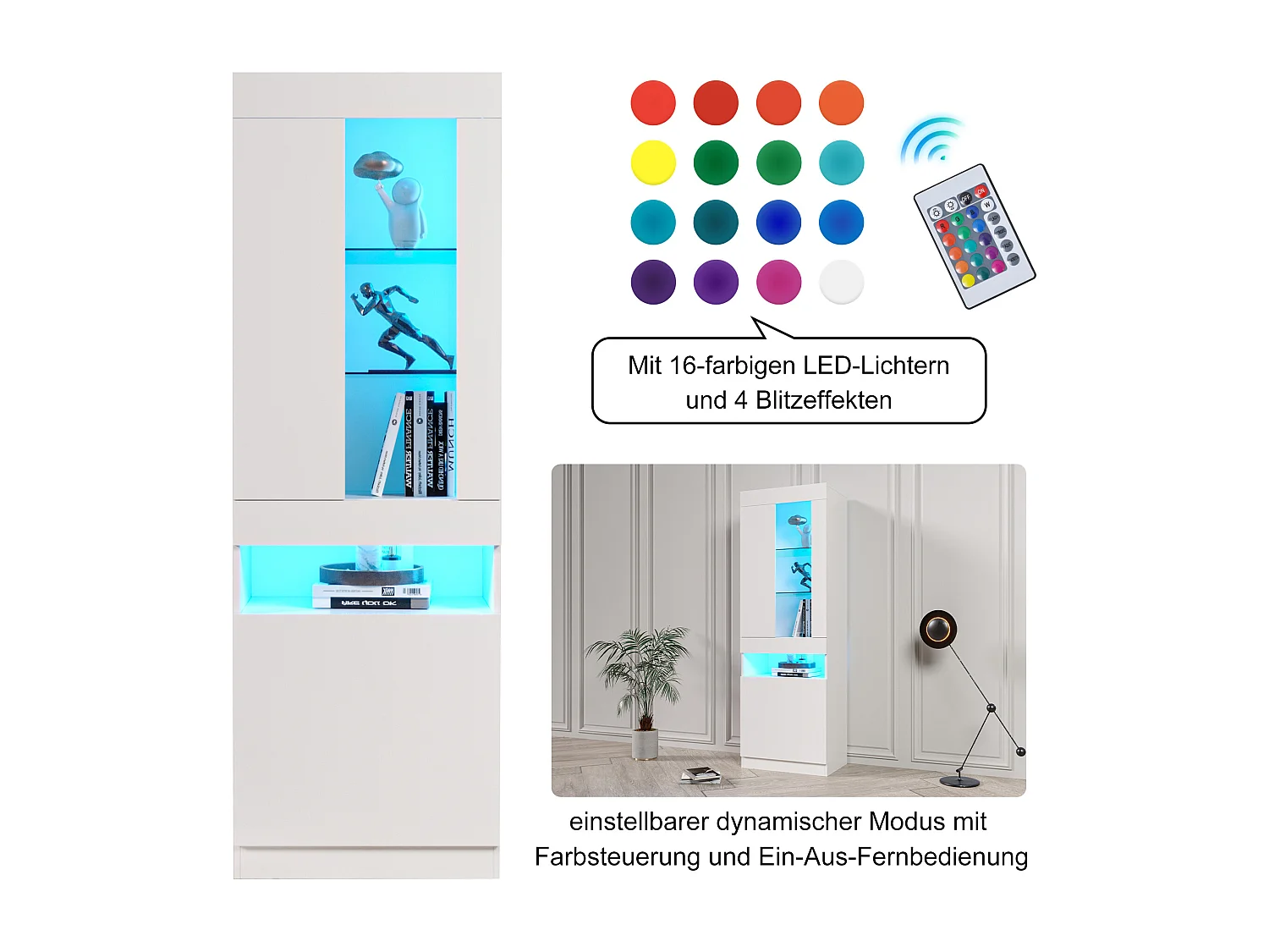 Vitrine moderne avec 2 portes et 1 compartiment - LEDs - hauteur 180 cm - panneaux de particules - blanc brillant