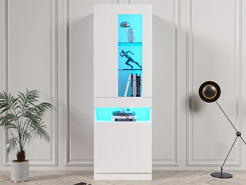 Vitrine moderne avec 2 portes et 1 compartiment - LEDs - hauteur 180 cm - panneaux de particules - blanc brillant