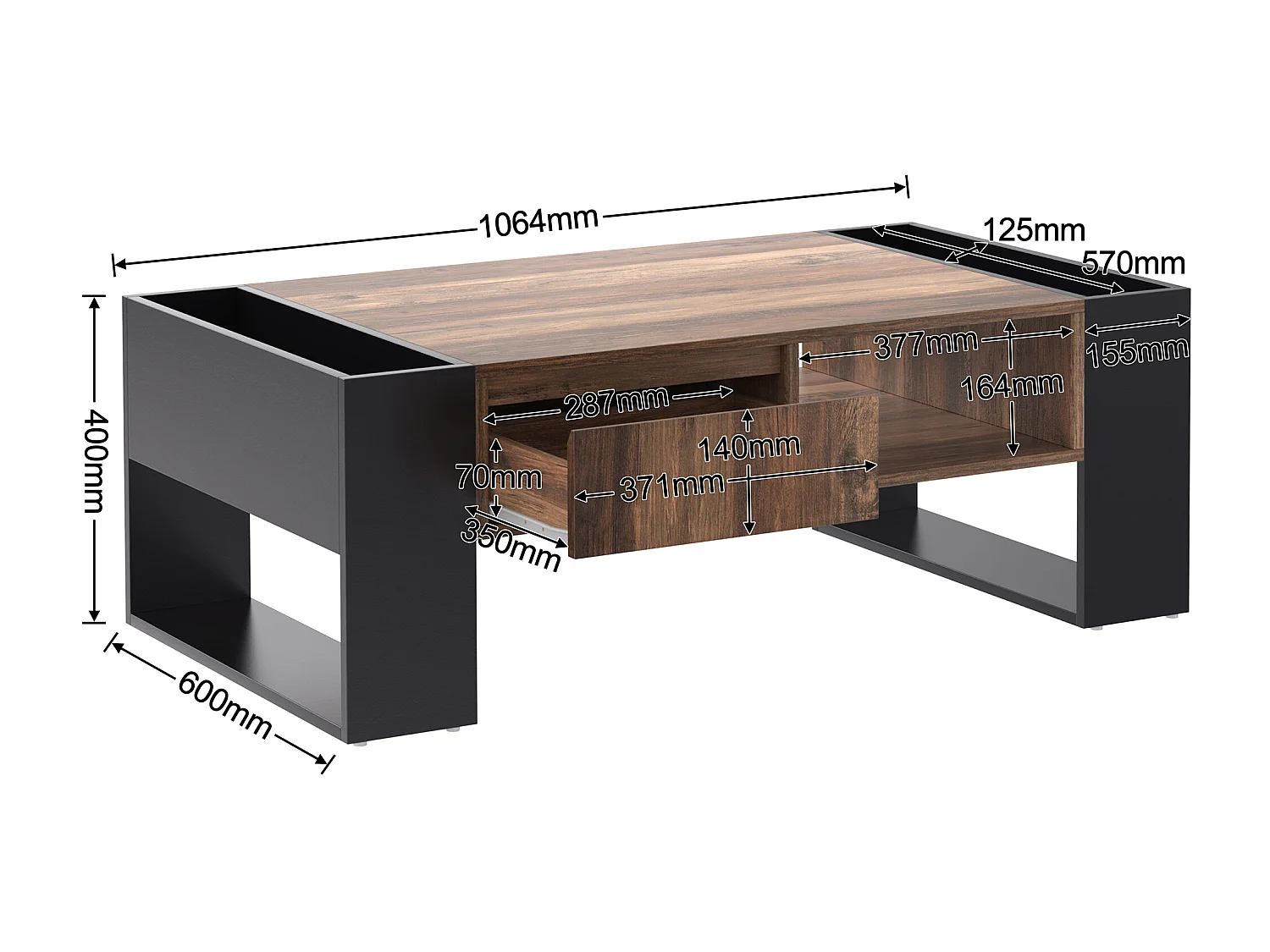 Mesa de centro de madera con 1 cajón y 4 nichos de almacenaje - Mesa de salón - Mesa auxiliar - Marrón y negro
