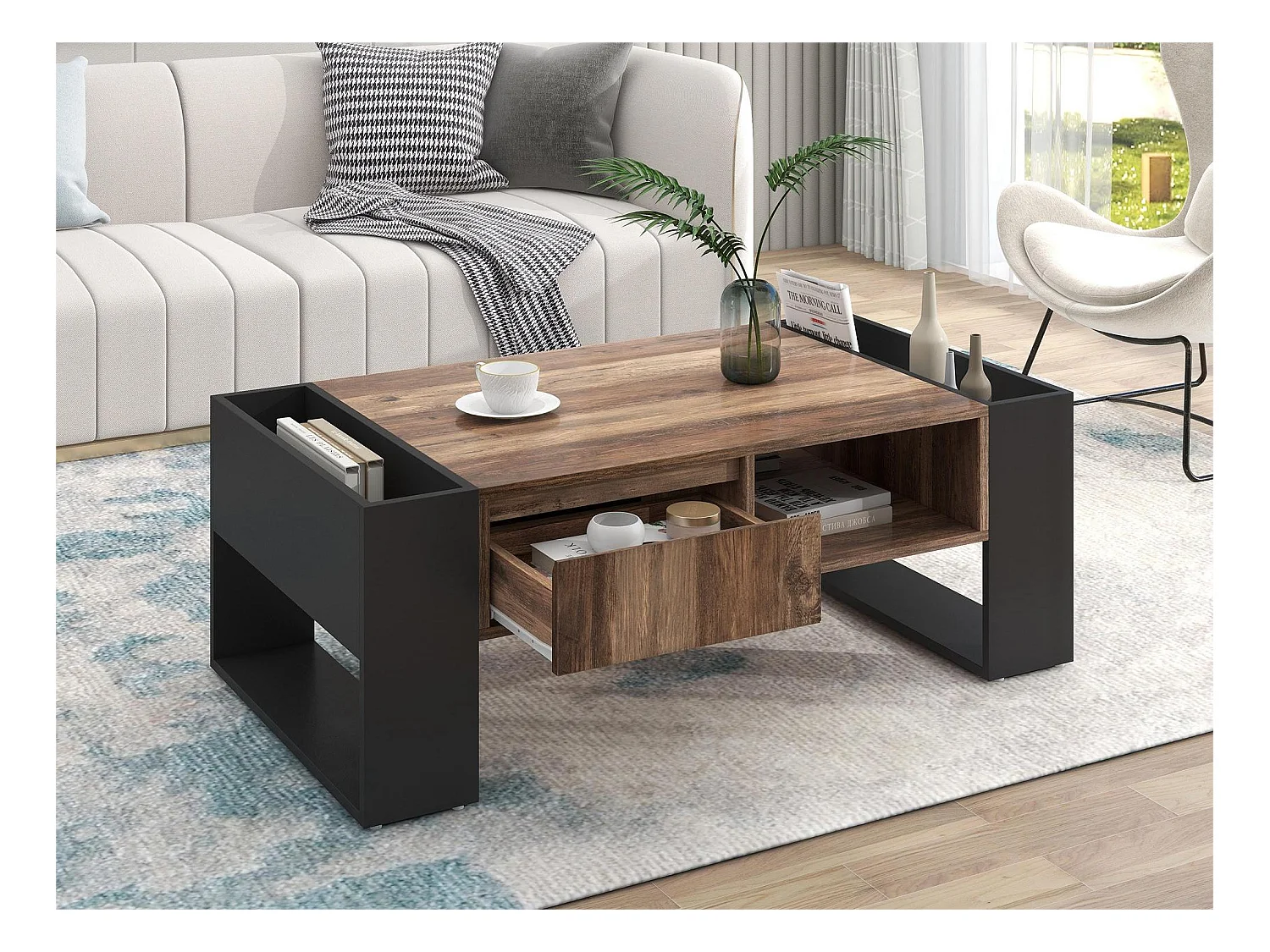 Table basse en bois avec 1 tiroir et 4 niches de rangement - Table de salon - Bout de canapé -marron et noir