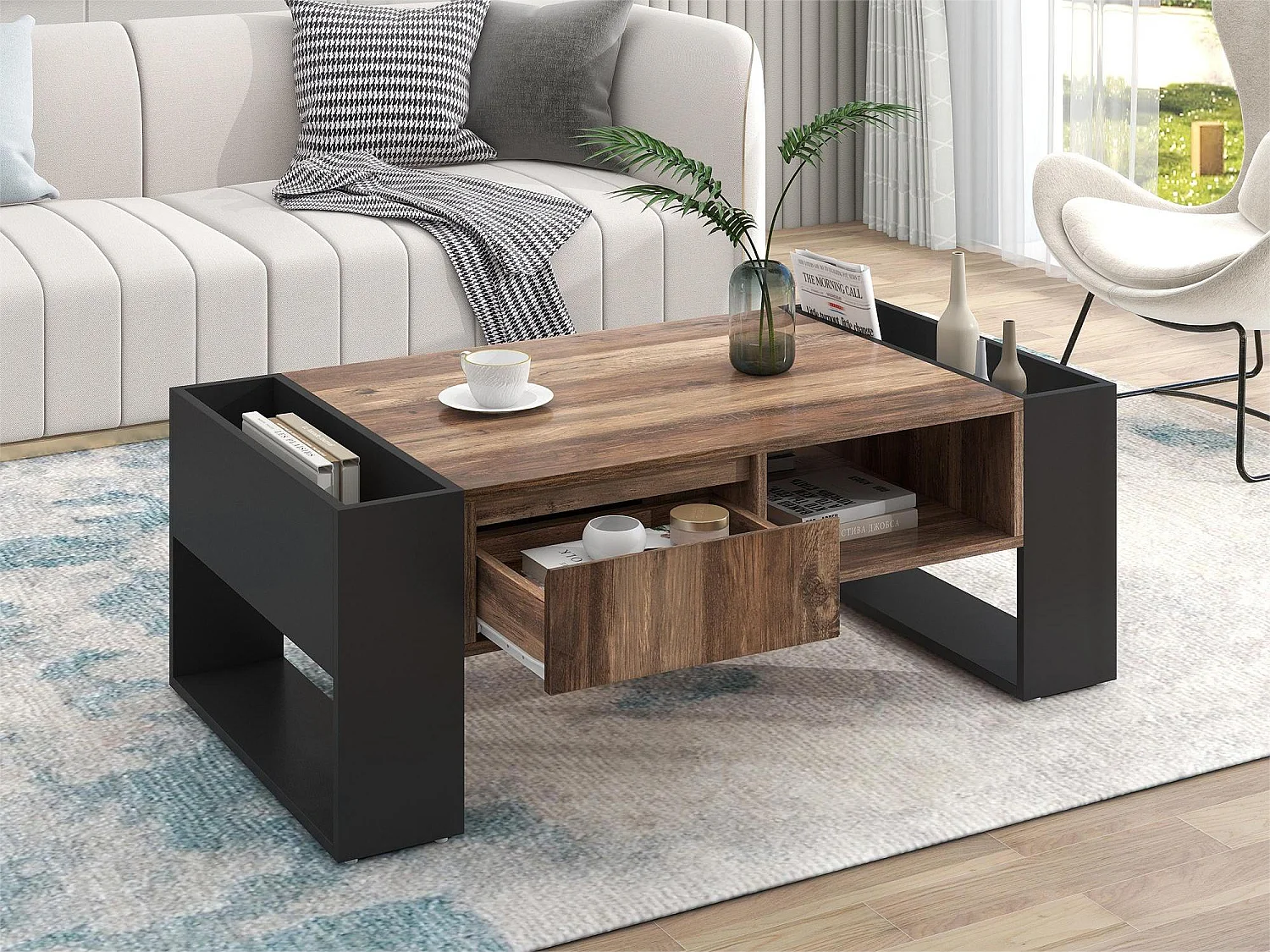 Table basse en bois avec 1 tiroir et 4 niches de rangement - Table de salon - Bout de canapé -marron et noir