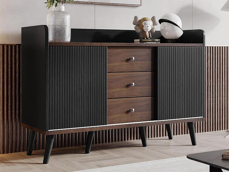 Modernes Sideboard mit 2 Türen, 3 Schubladen – Ablagefach – exquisite Maserung – Farben Schwarz und Braun