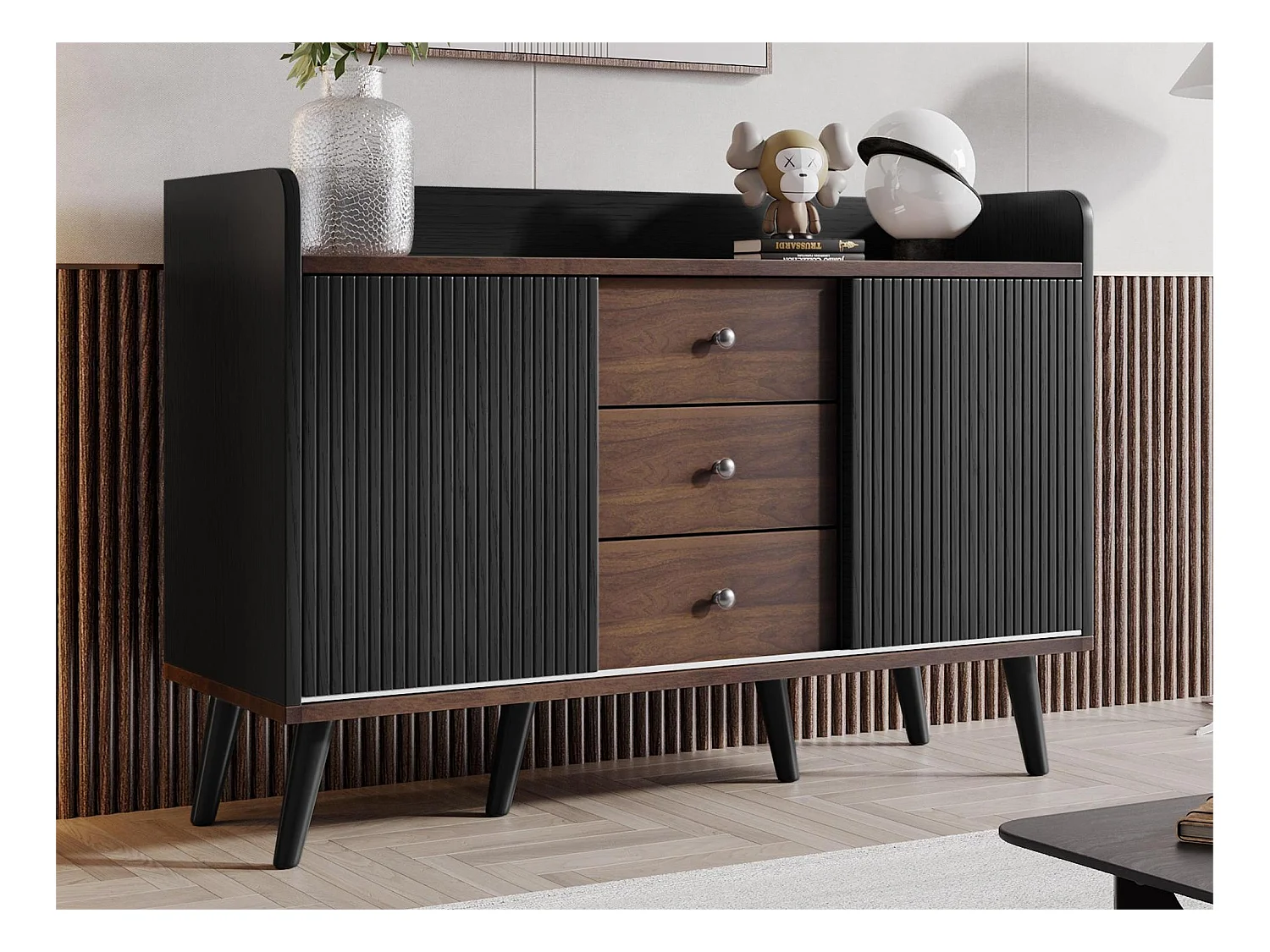 Buffet moderne avec 2 portes 3 tiroirs - étagère de rangement - grain exquis - coloris noir et marron