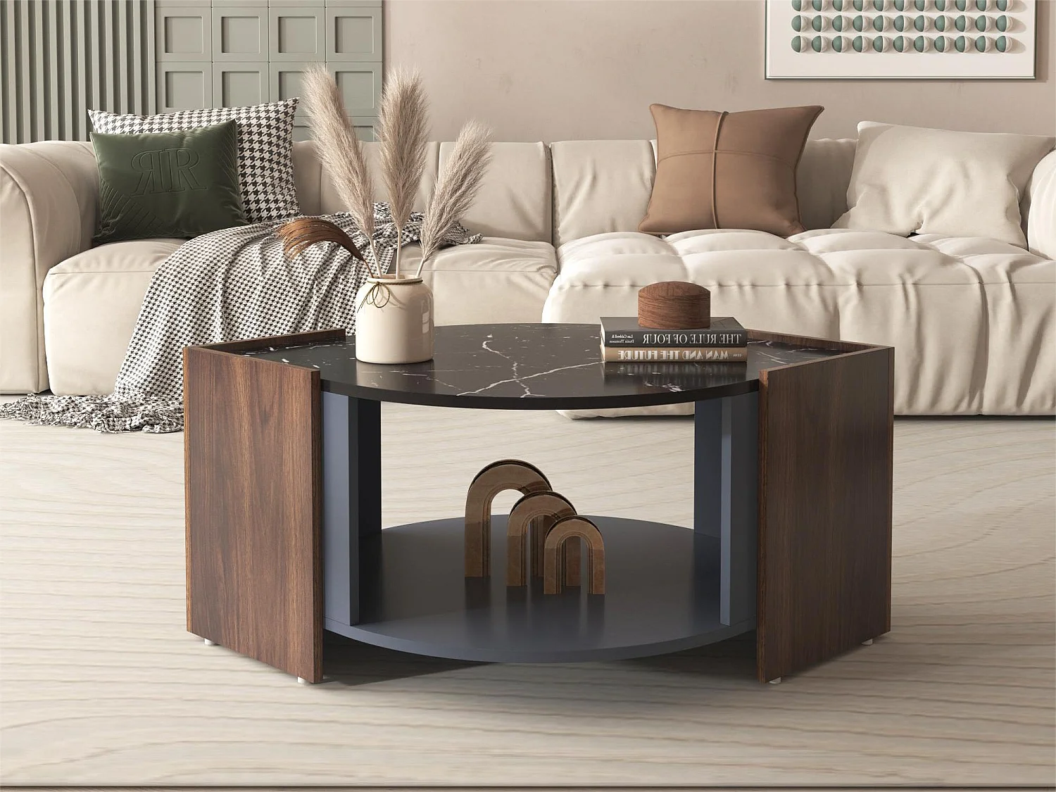 Salontafel met 2 planken, spaanplaat, moderne stijl, zwart en bruin, 96,5L x 63l x 40Hcm