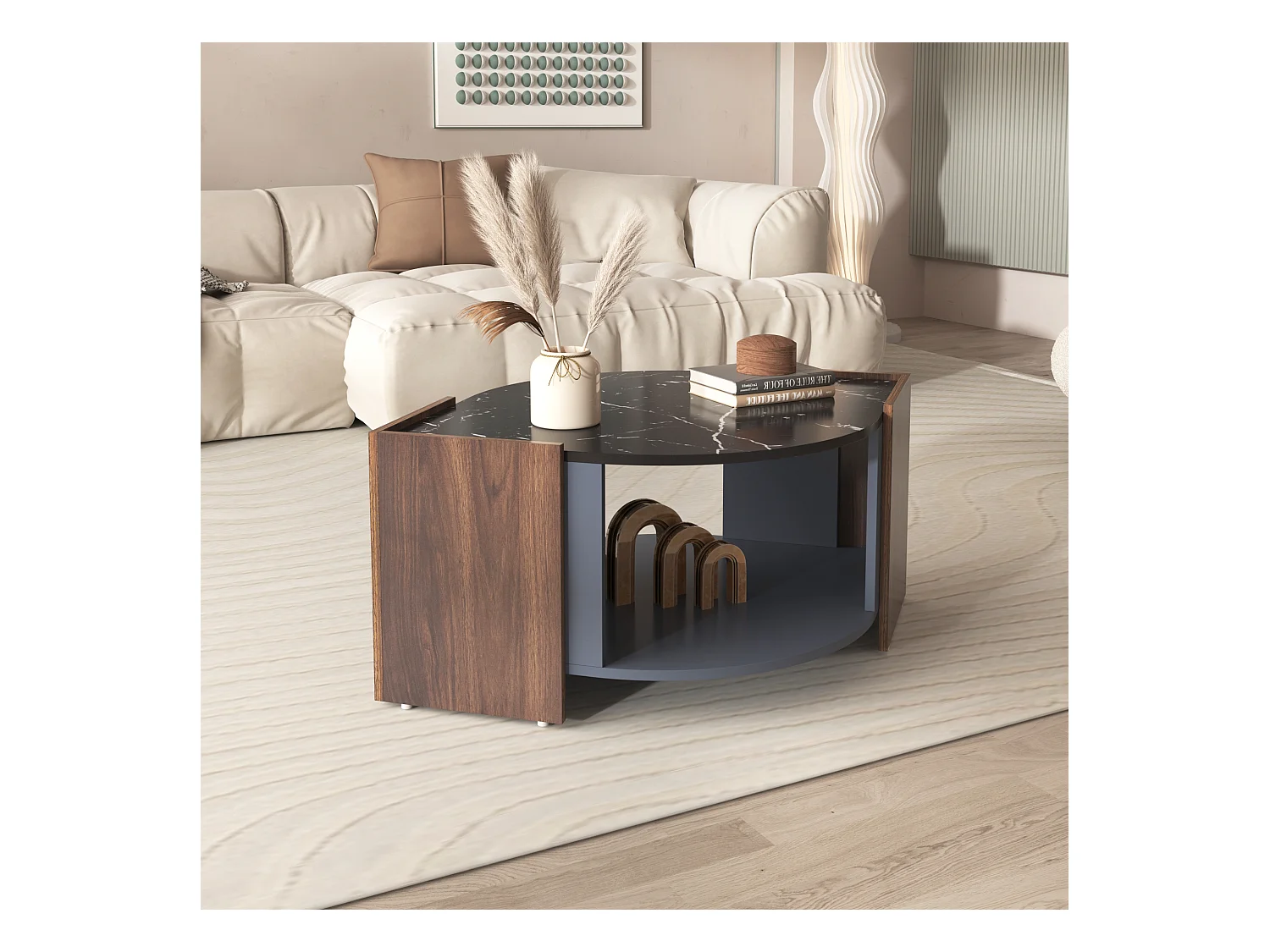 Salontafel met 2 planken, spaanplaat, moderne stijl, zwart en bruin, 96,5L x 63l x 40Hcm