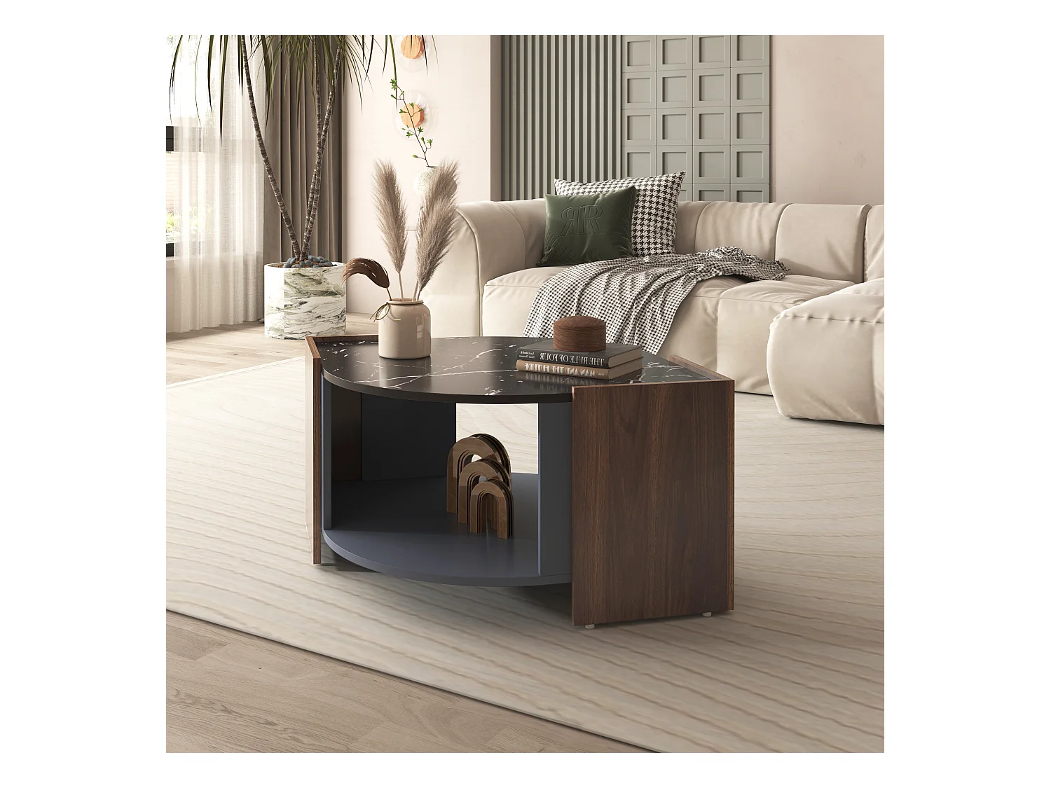 Salontafel met 2 planken, spaanplaat, moderne stijl, zwart en bruin, 96,5L x 63l x 40Hcm