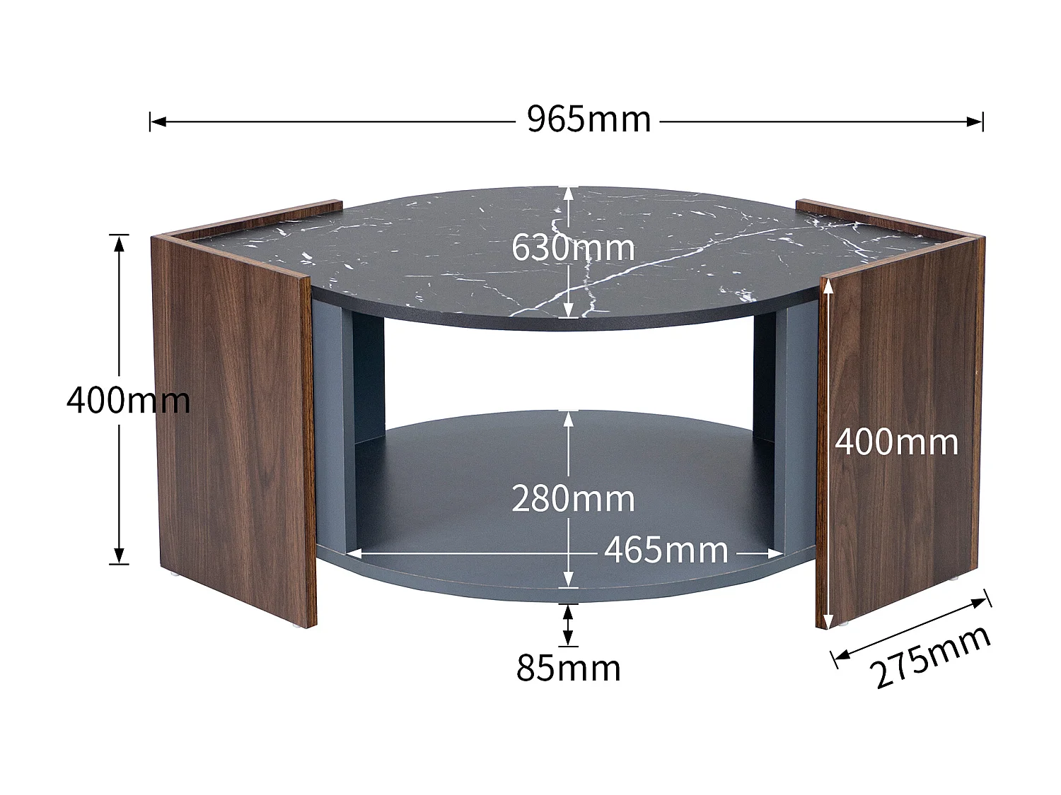 Table basse avec 2 étagères, panneaux de particules, style moderne, noir et marron, 96,5L x 63l x 40Hcm