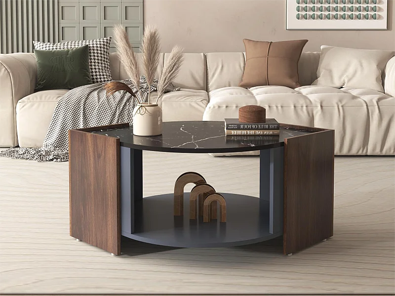 Salontafel met 2 planken, spaanplaat, moderne stijl, zwart en bruin, 96,5L x 63l x 40Hcm