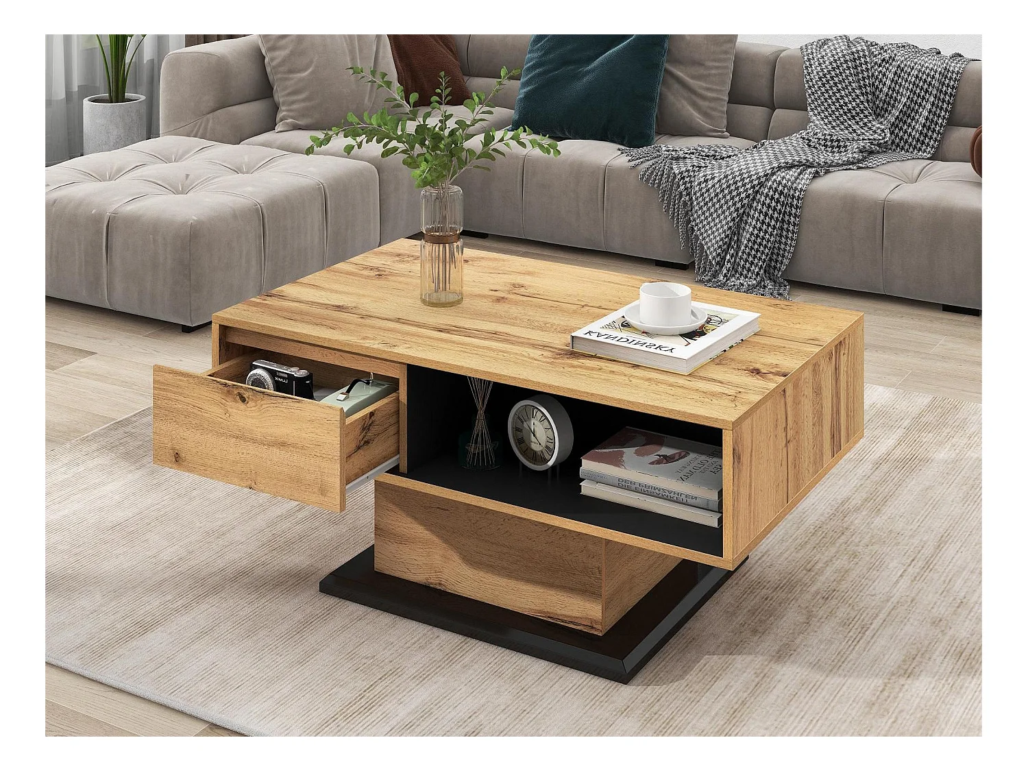 Table basse avec 1 tiroir et 2 niches - table d'appoint - panneaux de particules - Coloris : Anthracite et chêne
