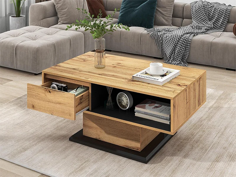 Table basse avec 1 tiroir et 2 niches - table d'appoint - panneaux de particules - Coloris : Anthracite et chêne