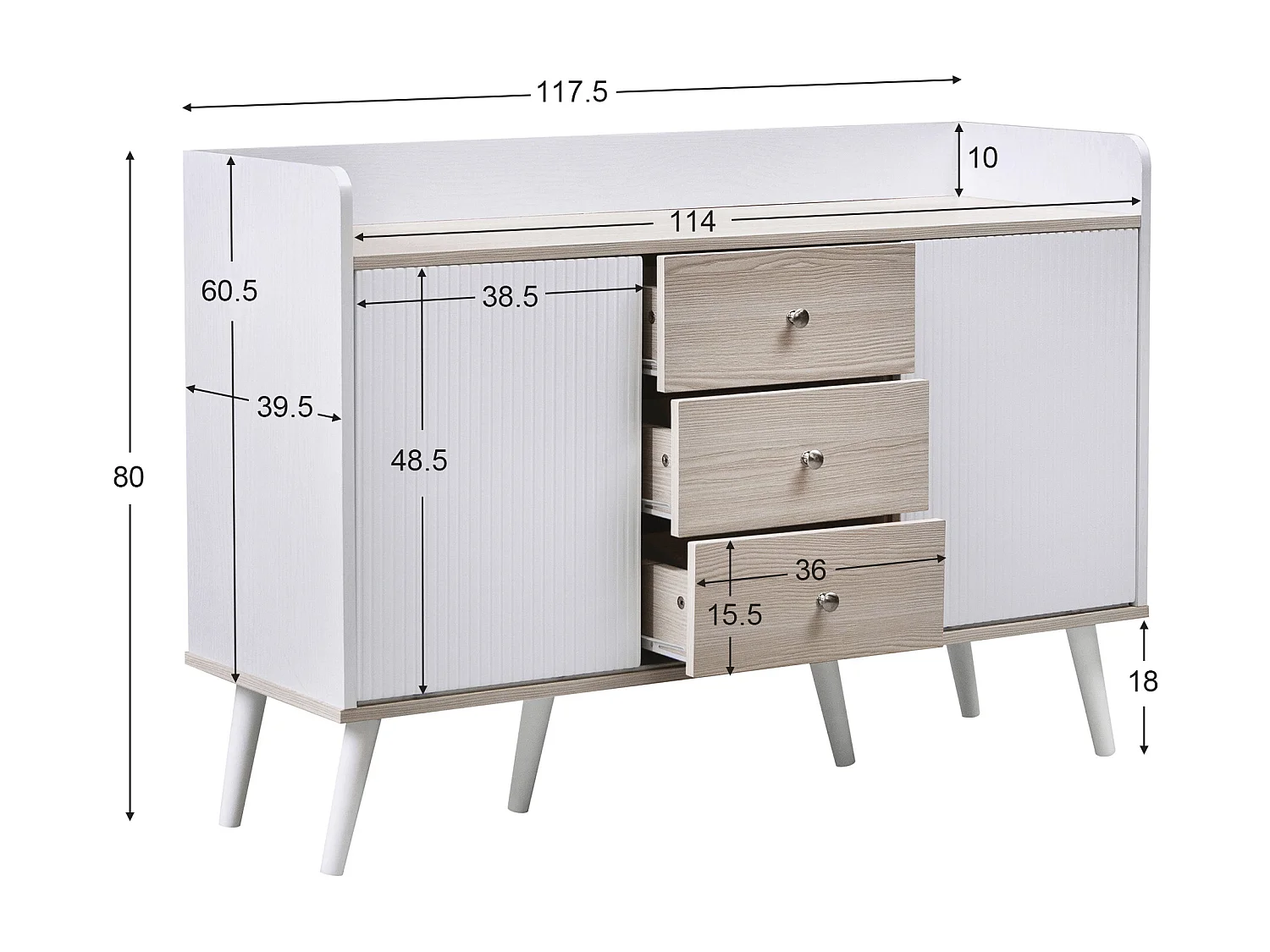 Buffet moderne avec 2 portes 3 tiroirs - étagère de rangement - grain exquis - coloris blanc et beige