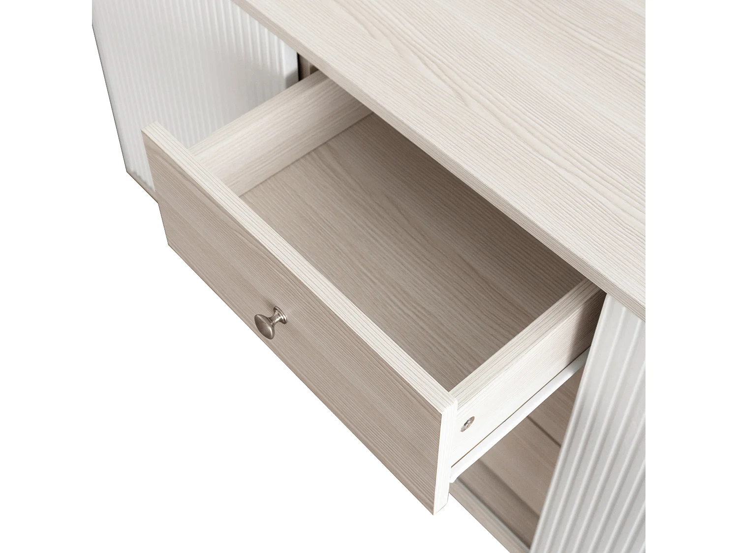 Buffet moderne avec 2 portes 3 tiroirs - étagère de rangement - grain exquis - coloris blanc et beige