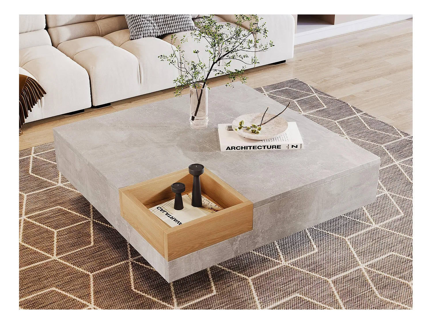 Tavolino quadrato con contenitore estraibile - effetto marmo - colore grigio