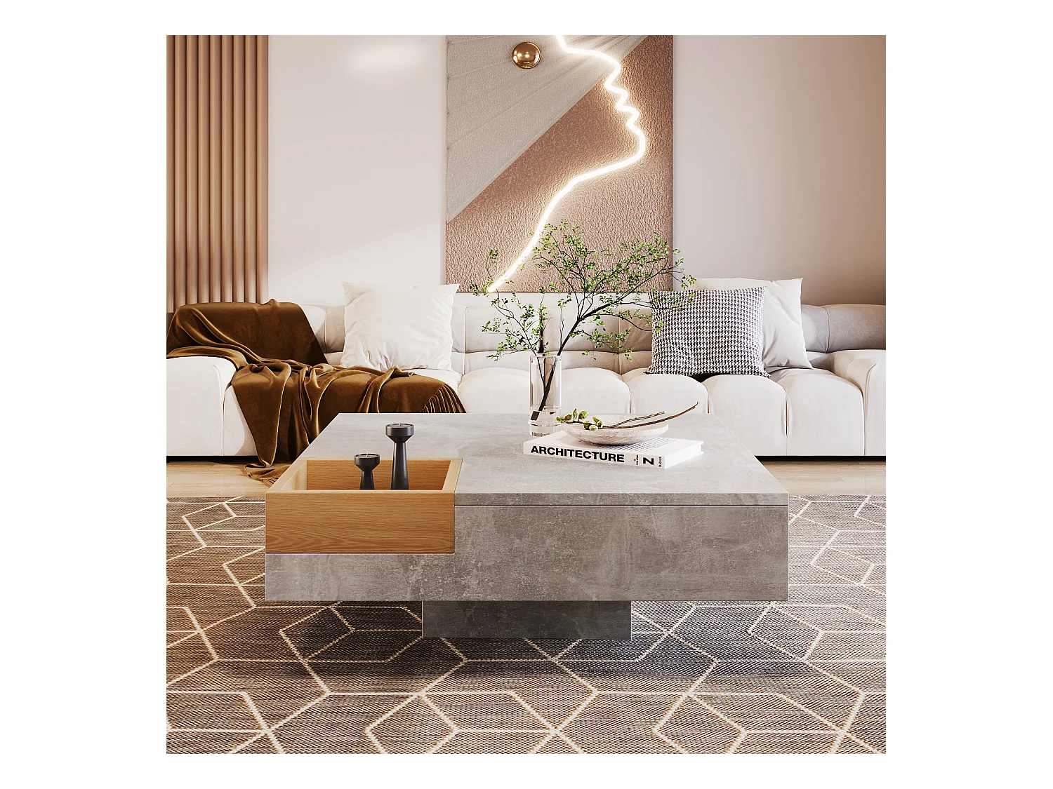 Tavolino quadrato con contenitore estraibile - effetto marmo - colore grigio