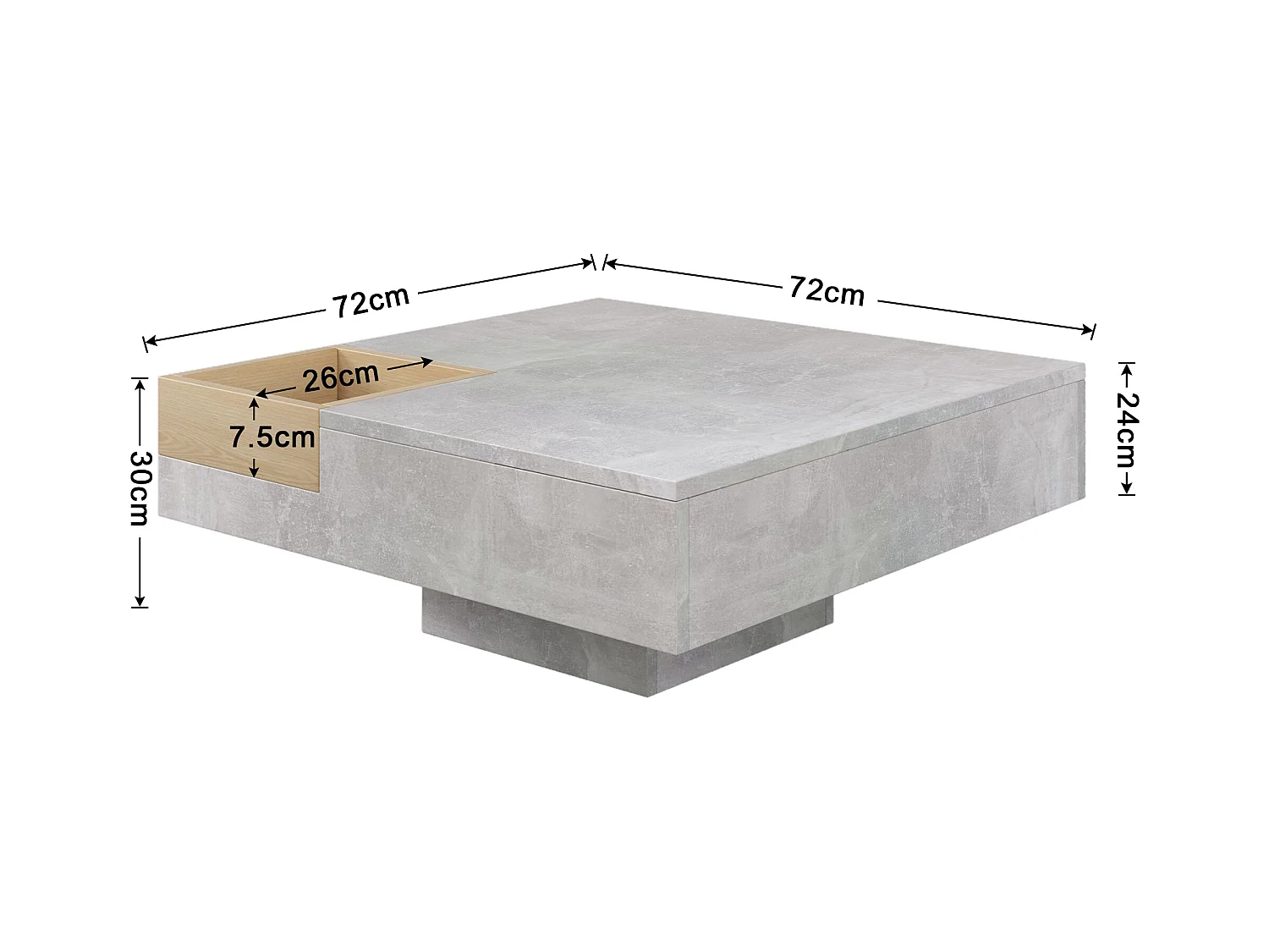 Tavolino quadrato con contenitore estraibile - effetto marmo - colore grigio