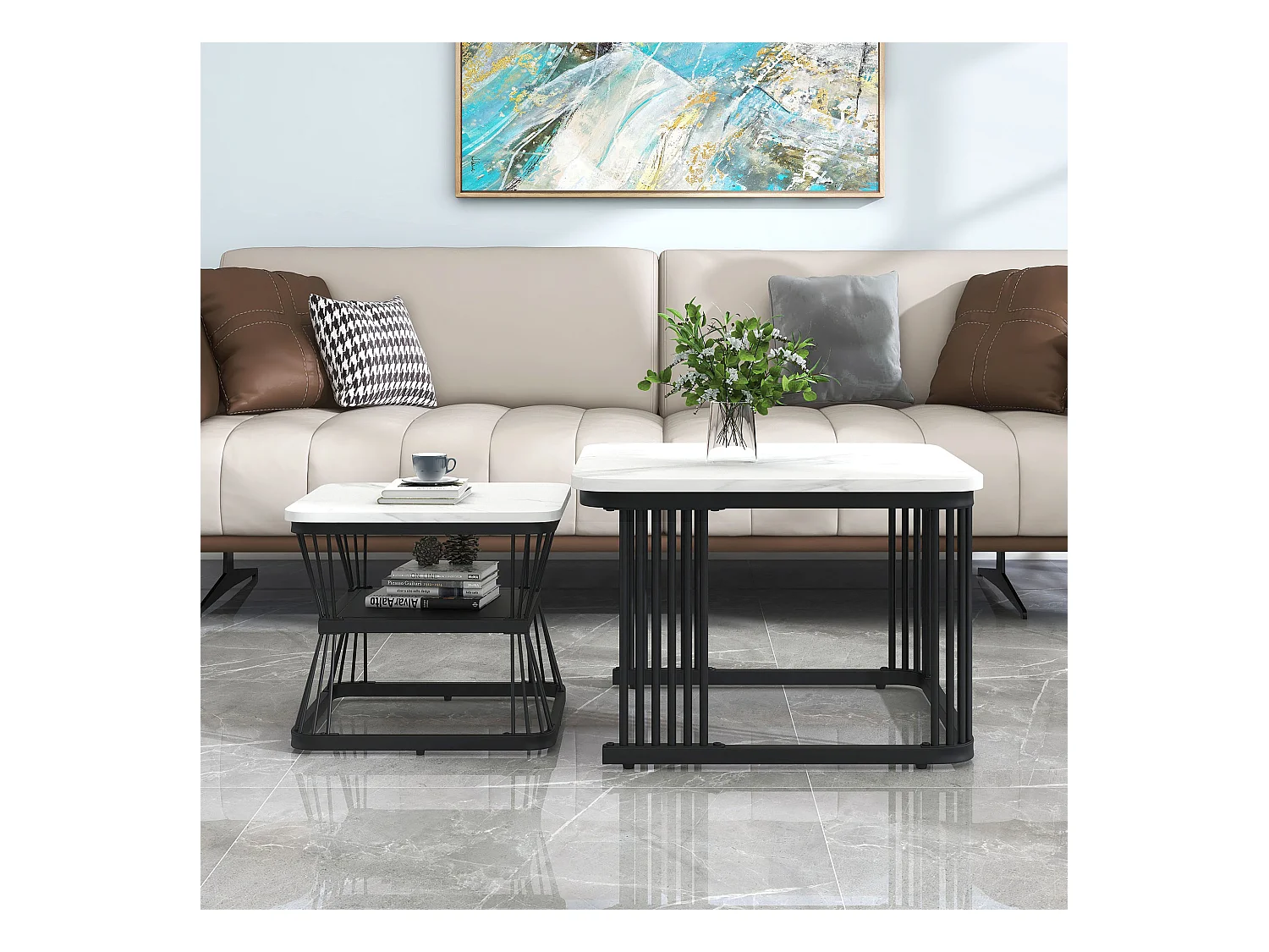 Lot de 2 tables basses gigognes avec étagère - table d'appoint avec placage marbré - pièds en métal - blanc et noir