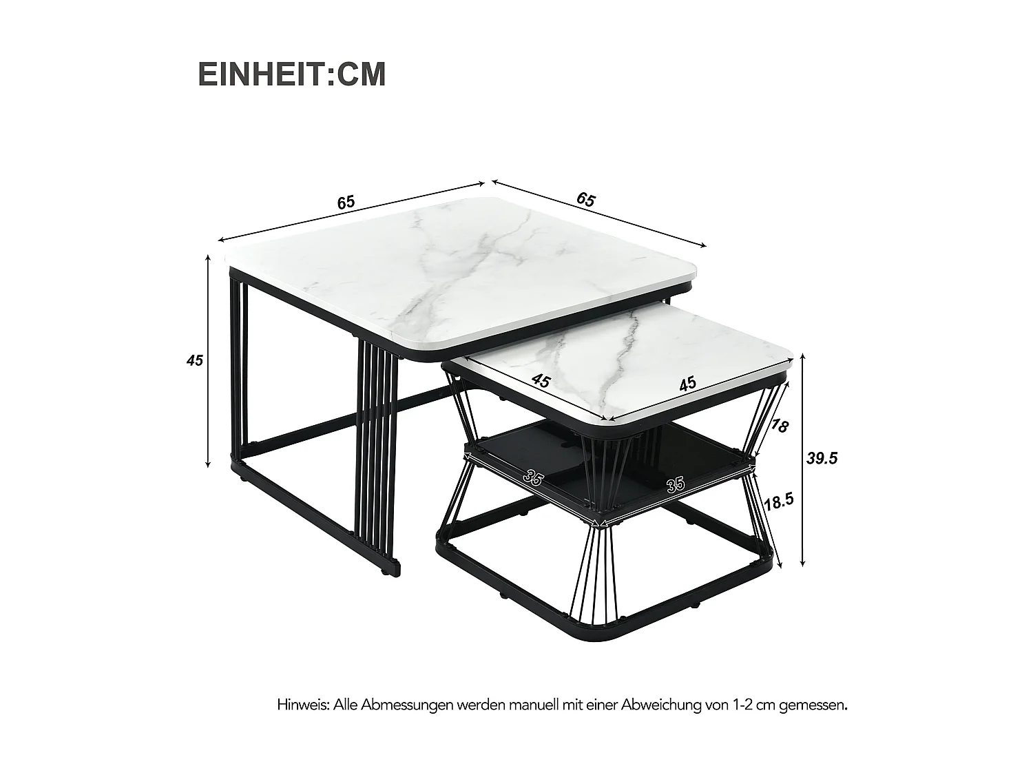 Lot de 2 tables basses gigognes avec étagère - table d'appoint avec placage marbré - pièds en métal - blanc et noir