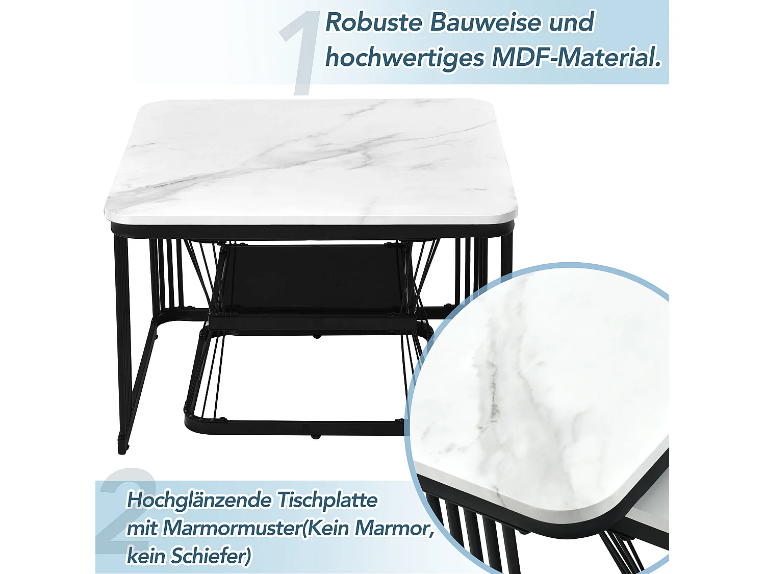 Lot de 2 tables basses gigognes avec étagère - table d'appoint avec placage marbré - pièds en métal - blanc et noir