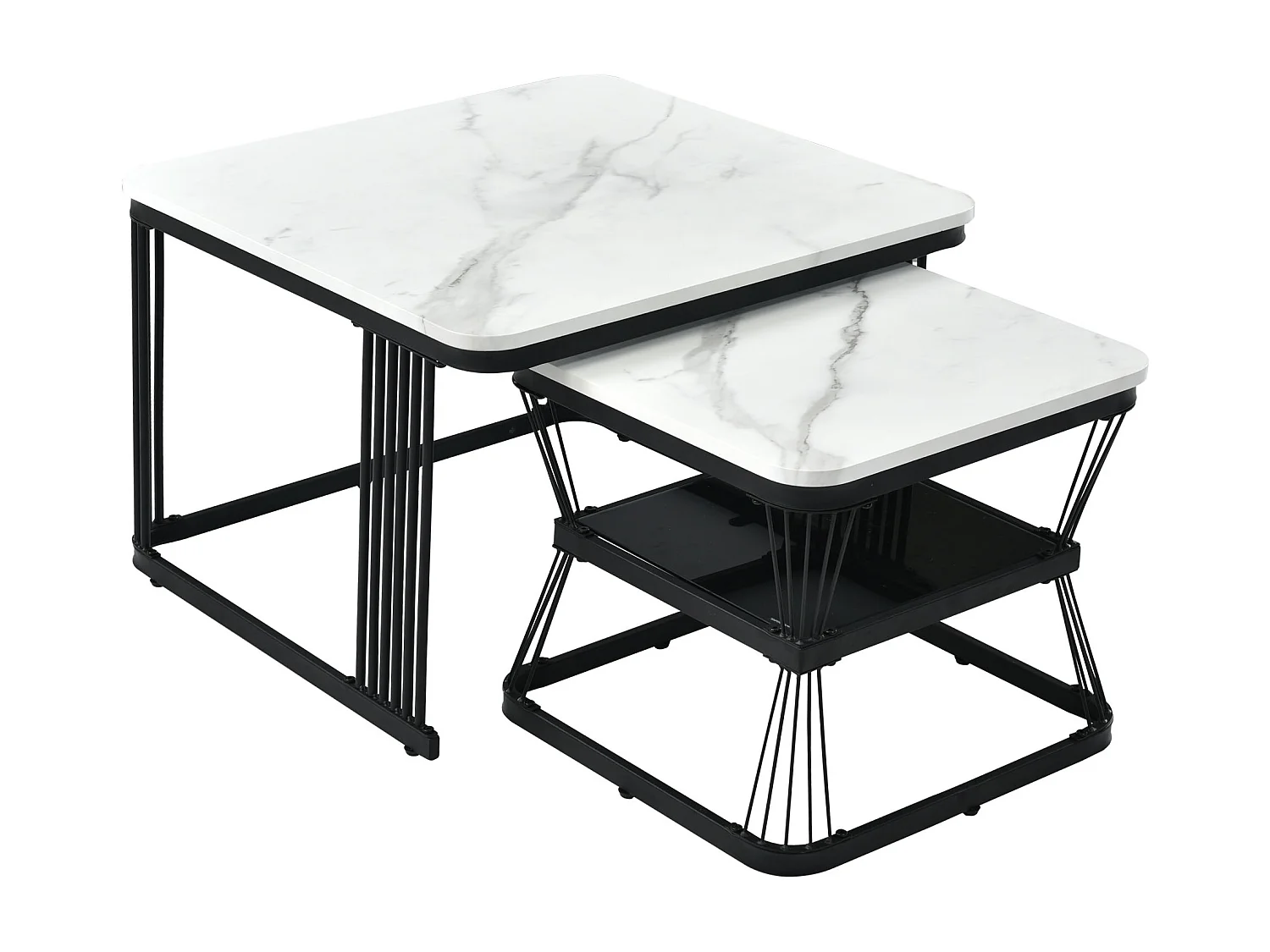 Lot de 2 tables basses gigognes avec étagère - table d'appoint avec placage marbré - pièds en métal - blanc et noir