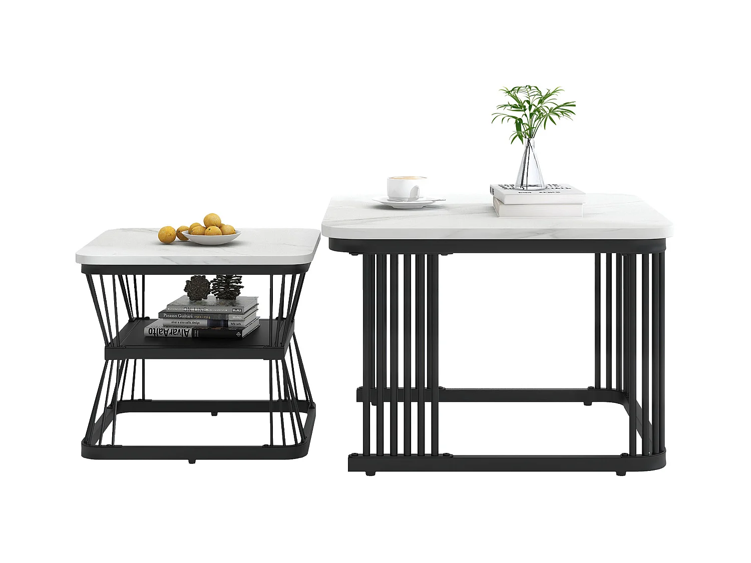 Lot de 2 tables basses gigognes avec étagère - table d'appoint avec placage marbré - pièds en métal - blanc et noir