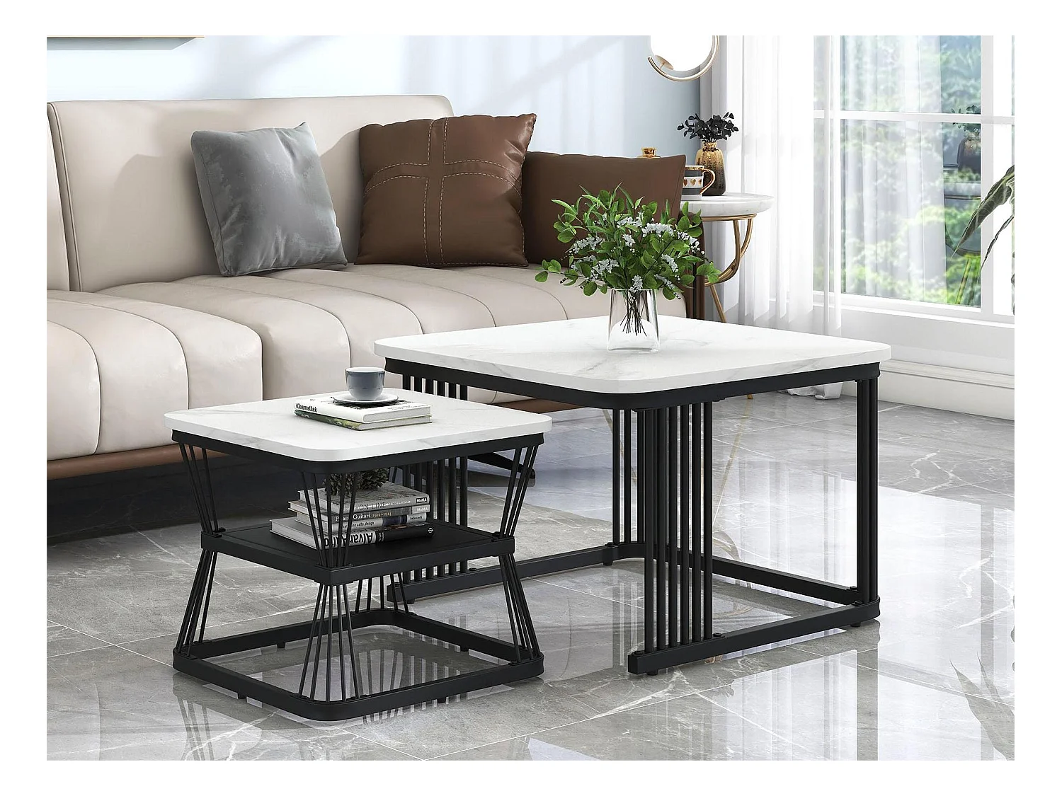 Set van 2 in elkaar passende salontafels met plank - bijzettafel met marmerfineer - metalen poten - wit en zwart