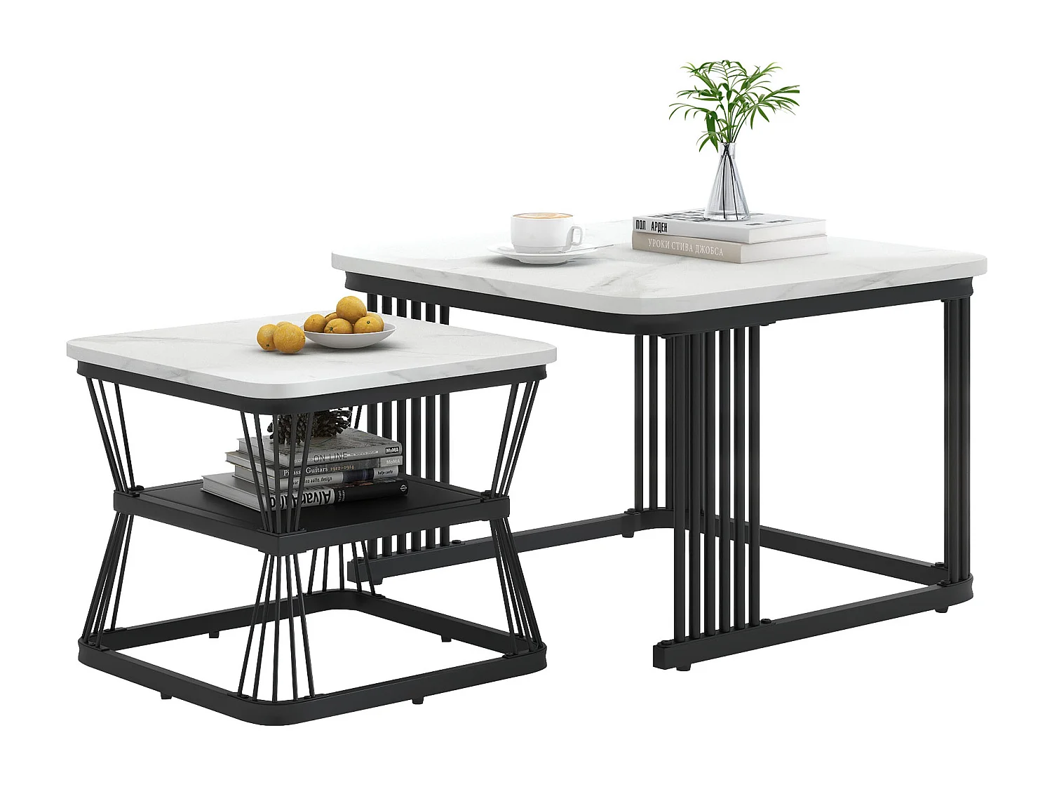 Lot de 2 tables basses gigognes avec étagère - table d'appoint avec placage marbré - pièds en métal - blanc et noir