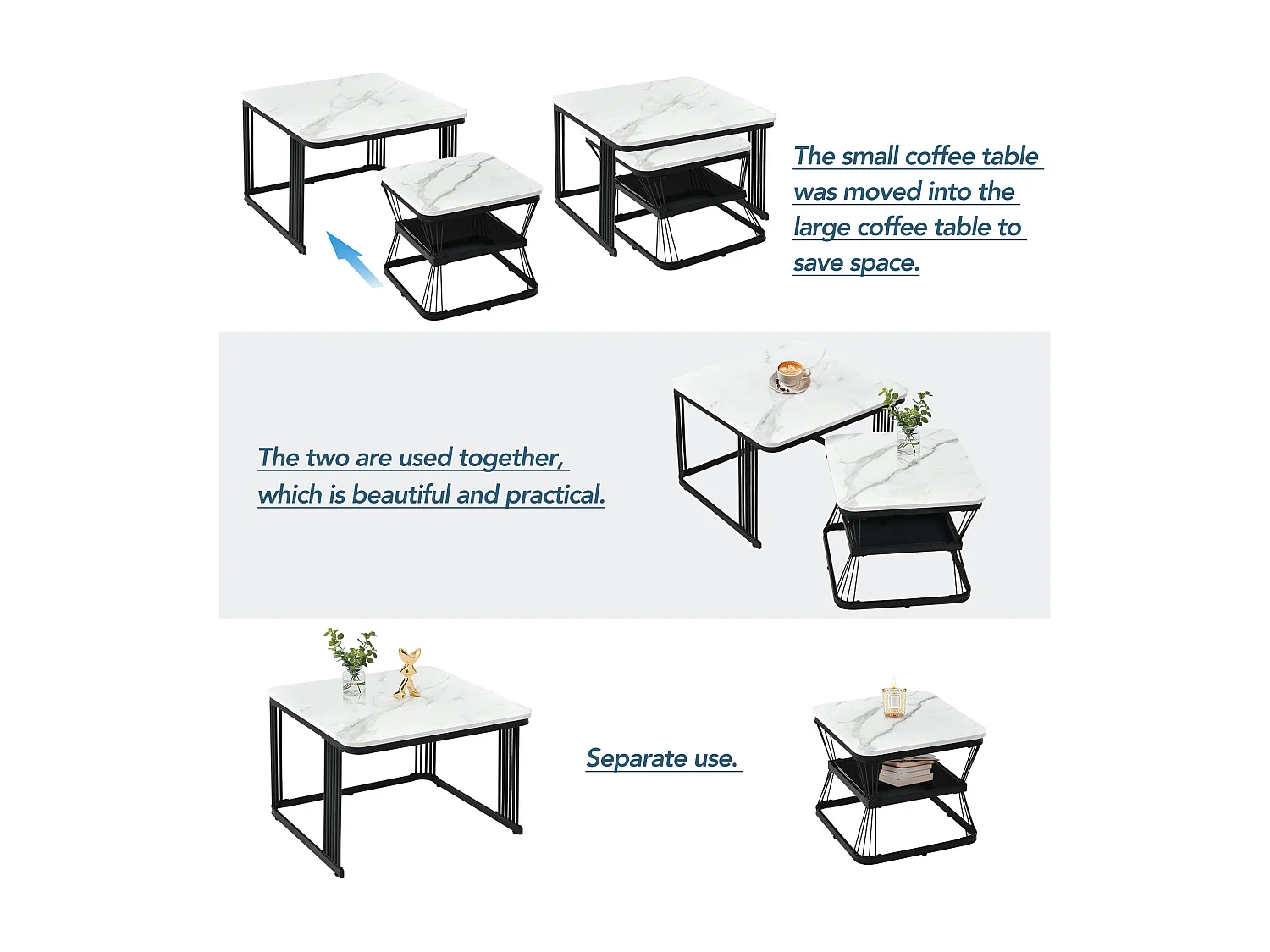 Lot de 2 tables basses gigognes avec étagère - table d'appoint avec placage marbré - pièds en métal - blanc et noir