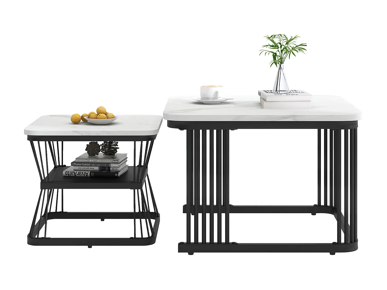 Lot de 2 tables basses gigognes avec étagère - table d'appoint avec placage marbré - pièds en métal - blanc et noir